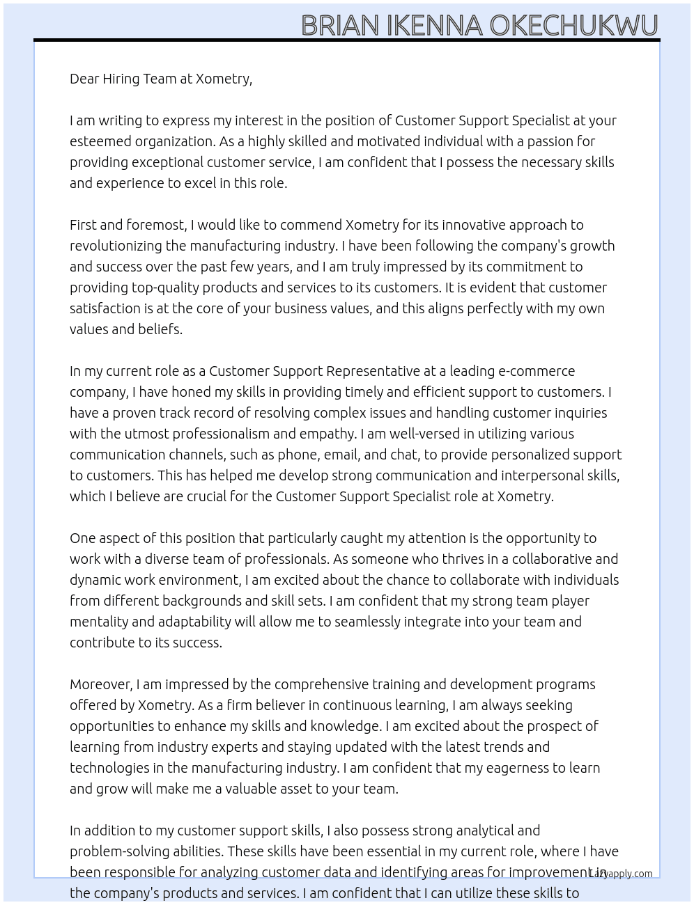 Customer Support Specialist At Xometry Cover Letter