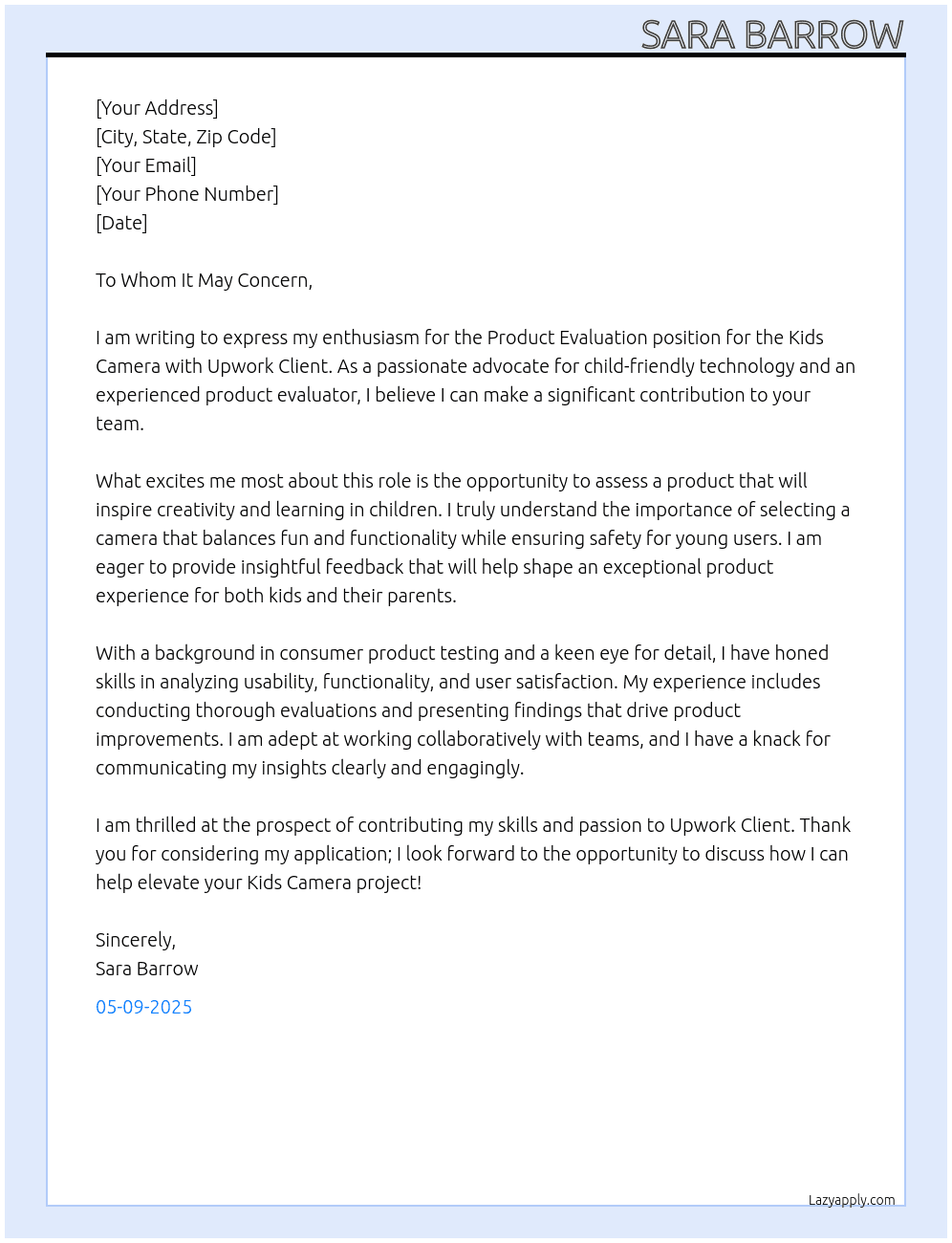Cover letter for product evaluation needed for kids camera - LazyApply