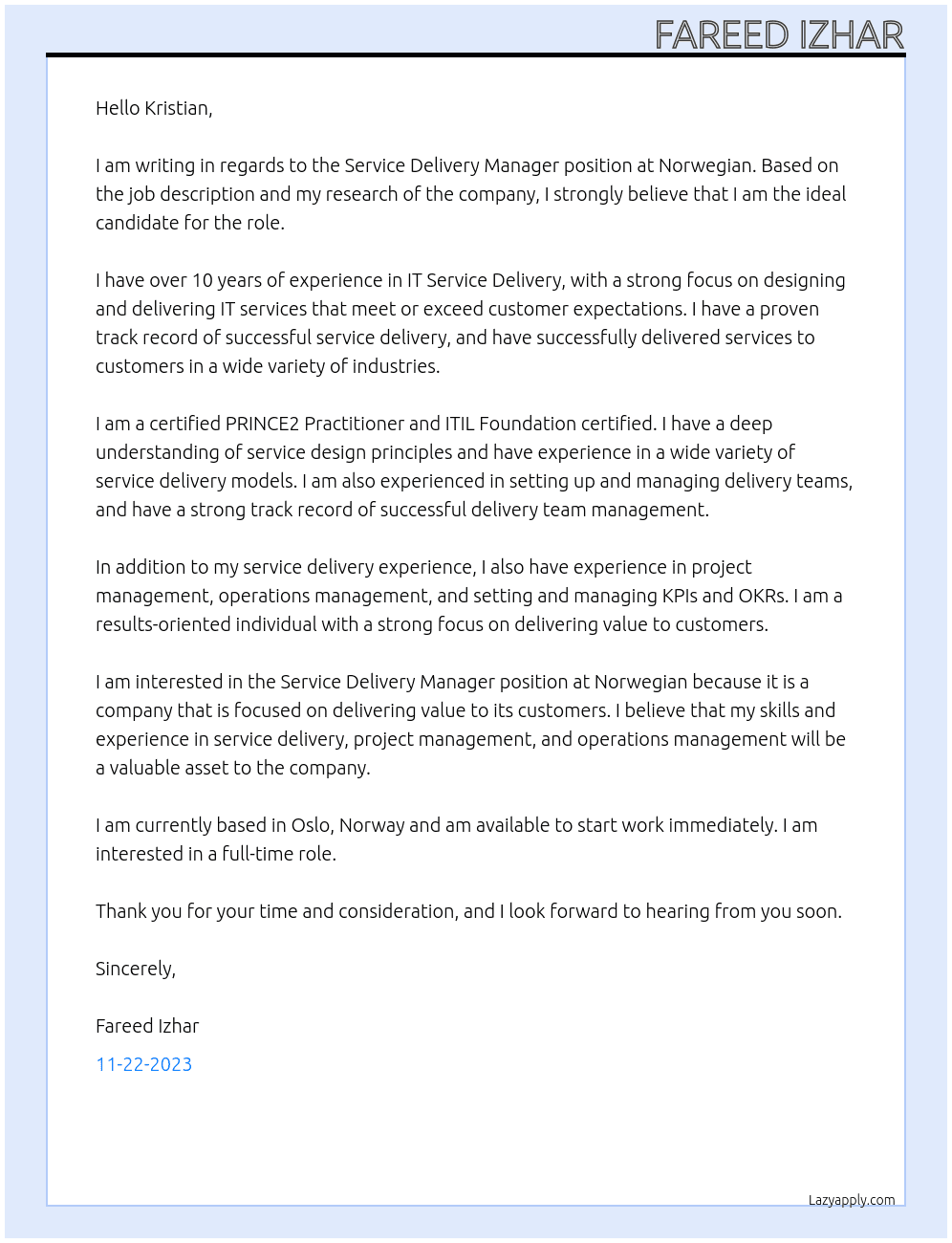 Service Delivery Manager At Norwegian Cover Letter