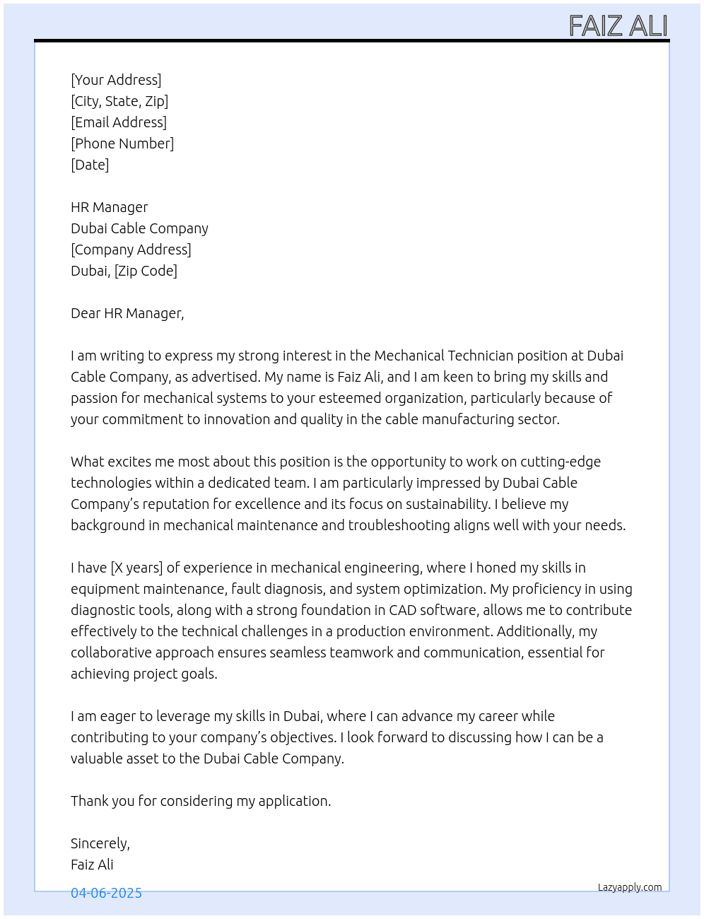 Mechanical technician  At Dubai cable company  Cover Letter