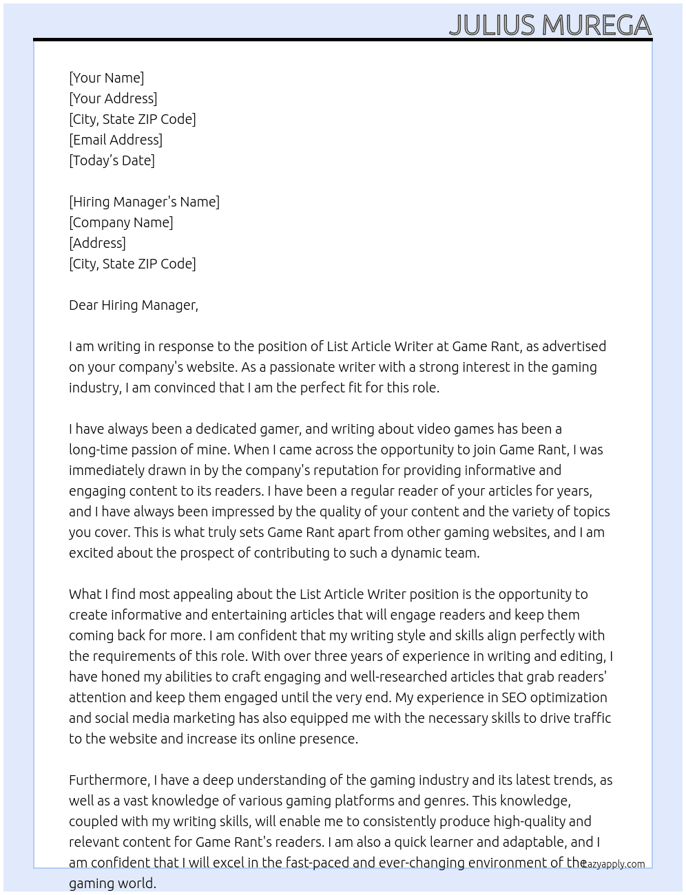 List Article Writer At Game Rant Cover Letter