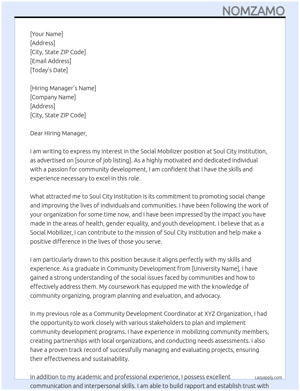 Social mobilizer At soul city institution Cover Letter