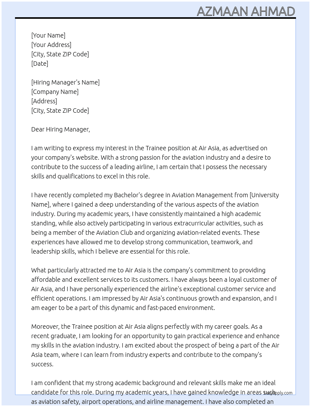 Trainee At Air Asia Cover Letter