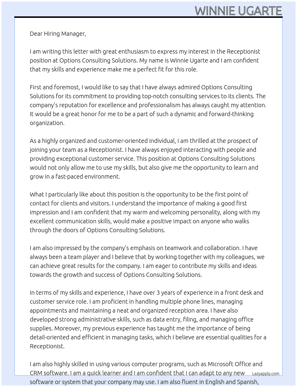 Receptionist At Options Consulting Solutions Cover Letter