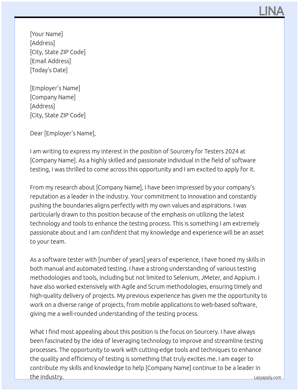 Sourcery for Testers 2024 At Companyyyy Cover Letter