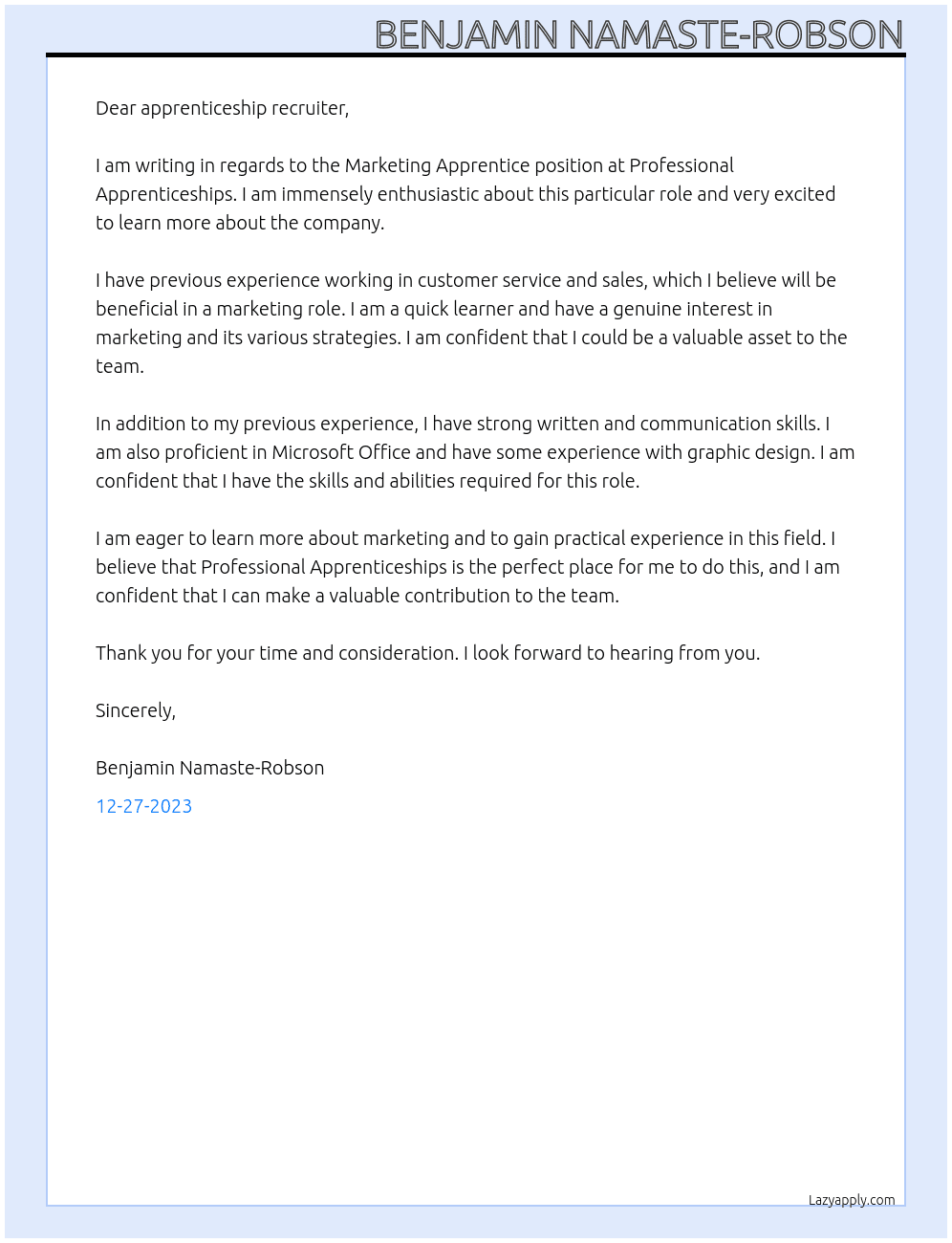 Marketing Apprentice At Professional Apprenticeships Cover Letter