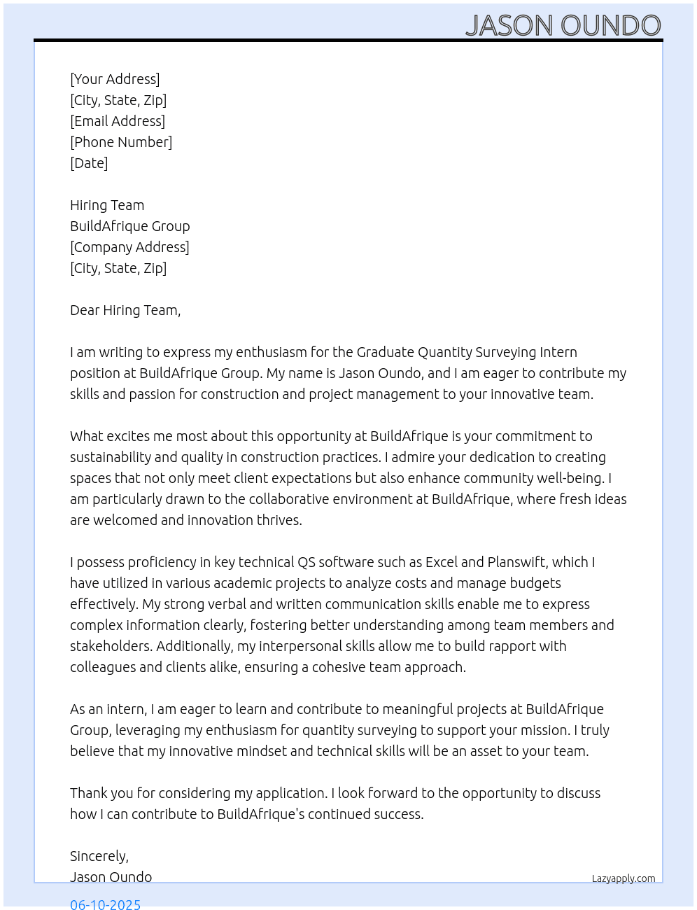 Graduate Quantity Surveying Intern At BuildAfrique Group Cover Letter