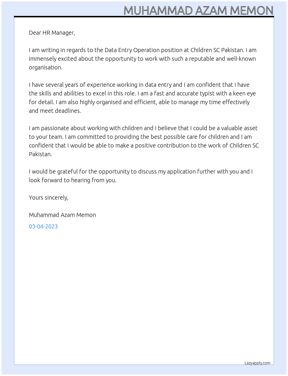 Data entry operation At Children SC pakistan Cover Letter