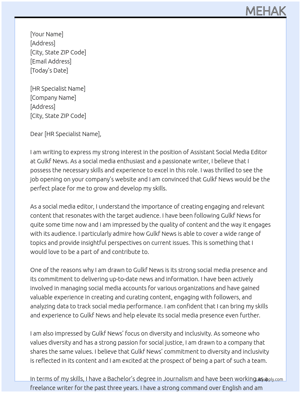 Assistant Social Media Editor At Gulkf News Cover Letter