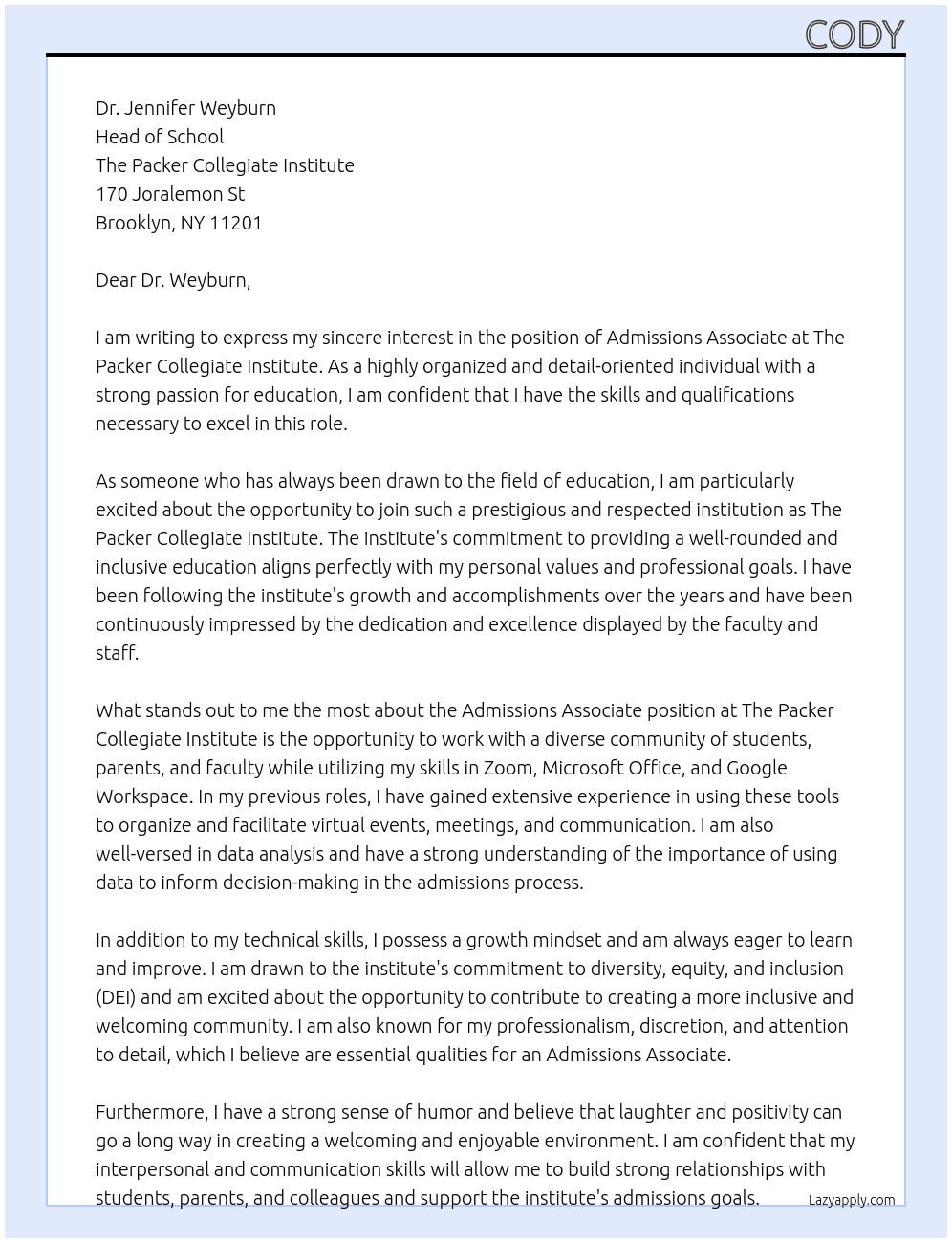 Admissions Associate At The Packer Collegiate Institute Cover Letter