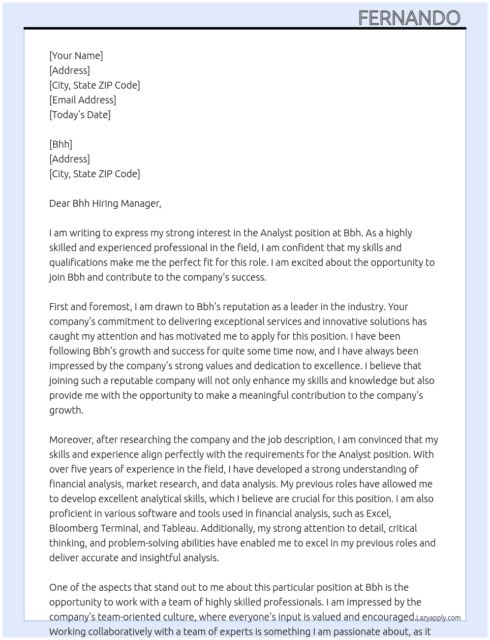 Analyst  At Bbh Cover Letter