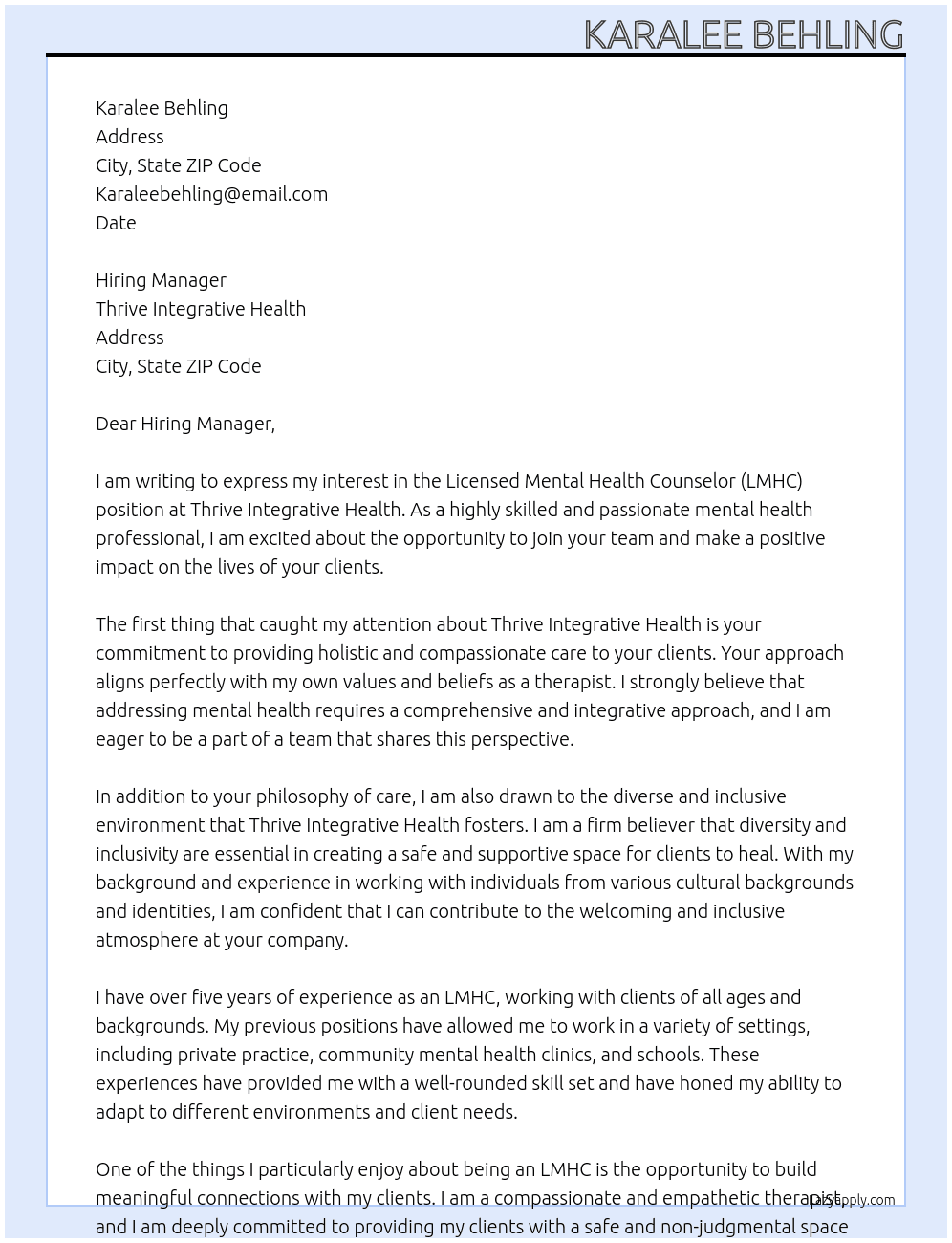 LMHC At Thrive Integrative Health Cover Letter