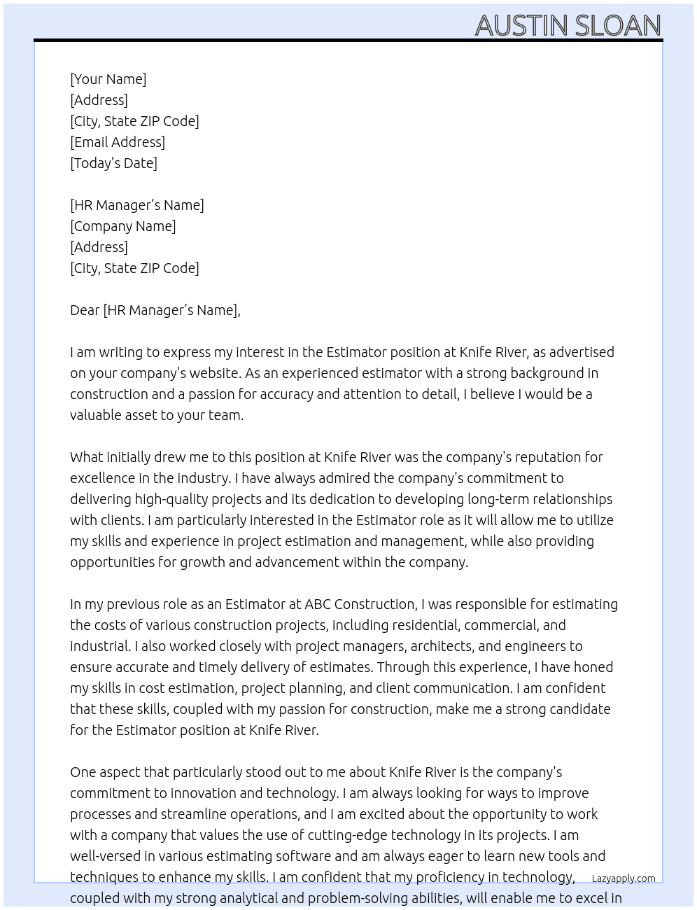 Estimator At Knife River Cover Letter