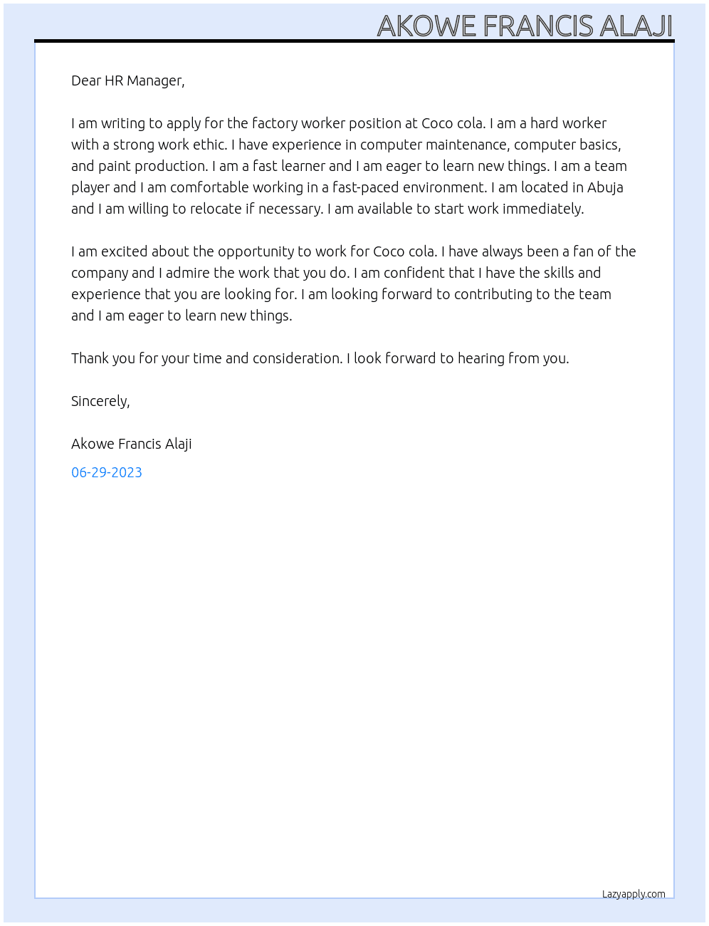 Factory worker At Coco cola Cover Letter