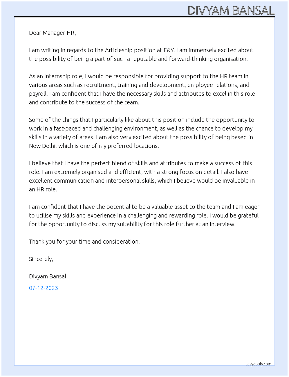 Articleship At E&Y Cover Letter