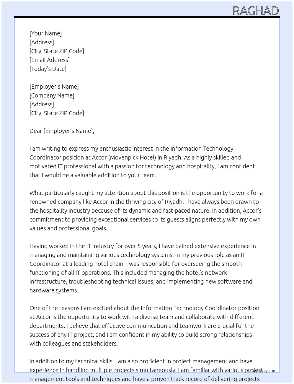 Information Technology Coordinator At Accor ( movenpick hotel)  Cover Letter