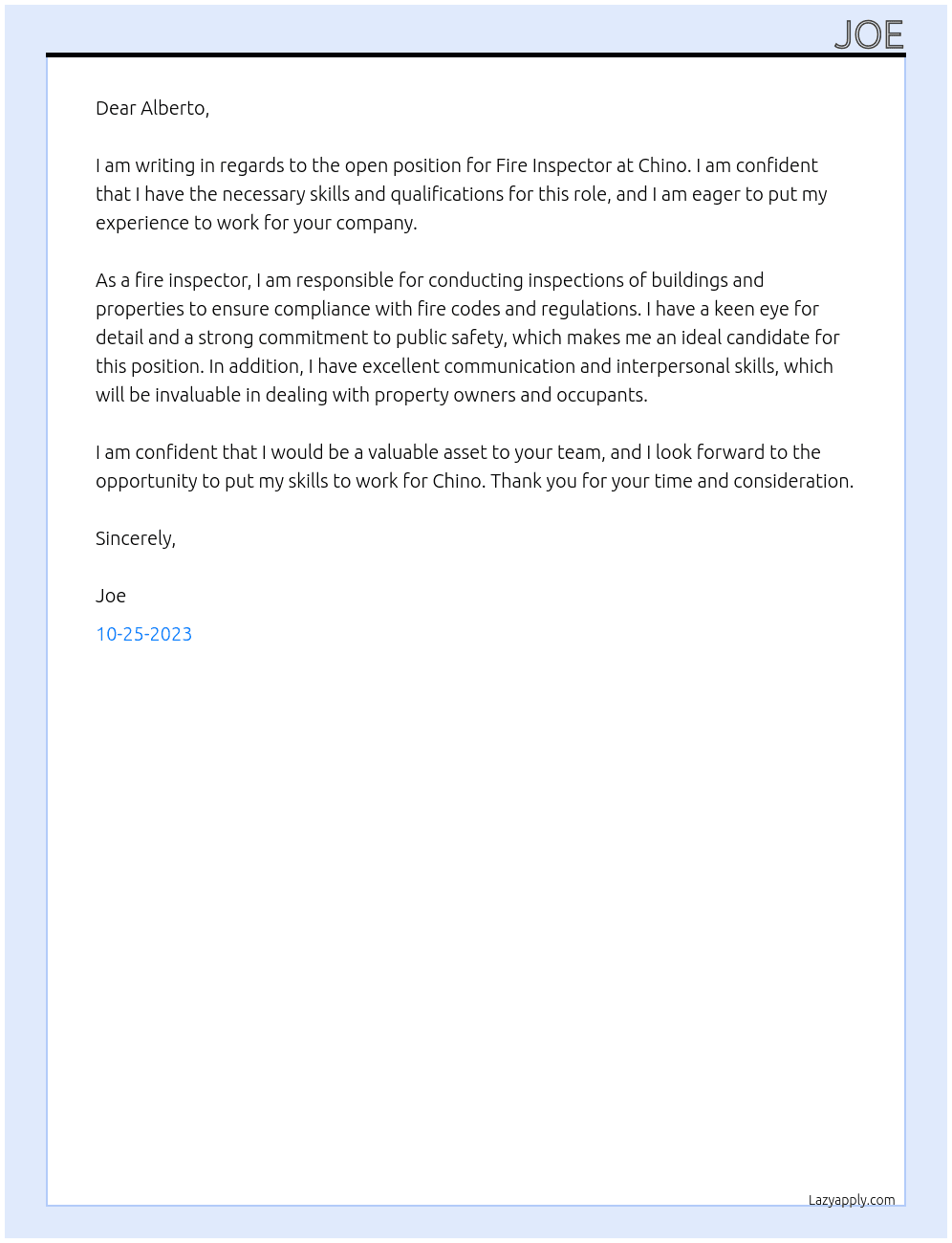 Fire Inspector At chino Cover Letter