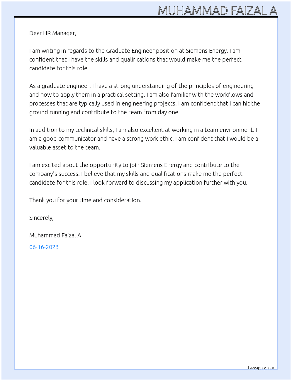 Graduate Engineer At Siemens Energy Cover Letter