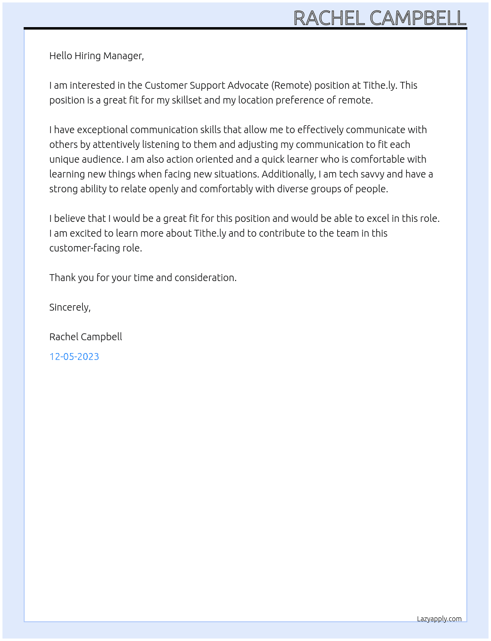 Customer Support Advocate (Remote) At Tithe.ly Cover Letter