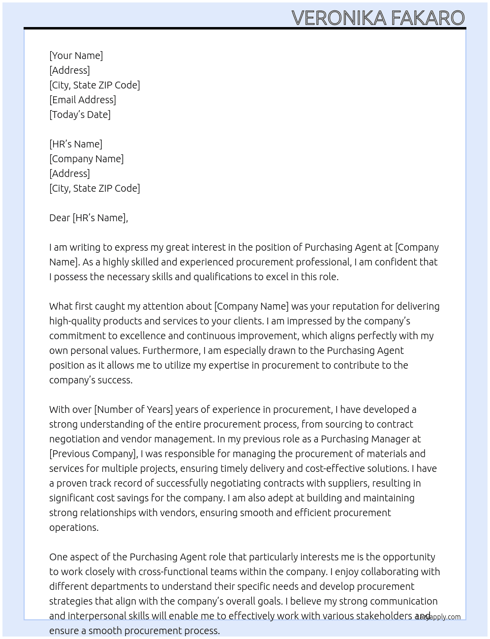 Purchasing agent At Name Cover Letter
