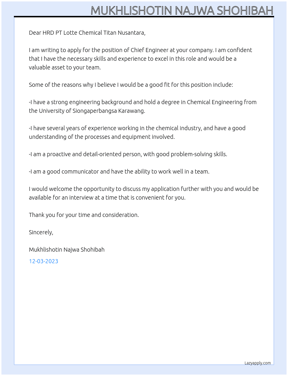 chief engineer At university of siongaperbangsa karawang  Cover Letter