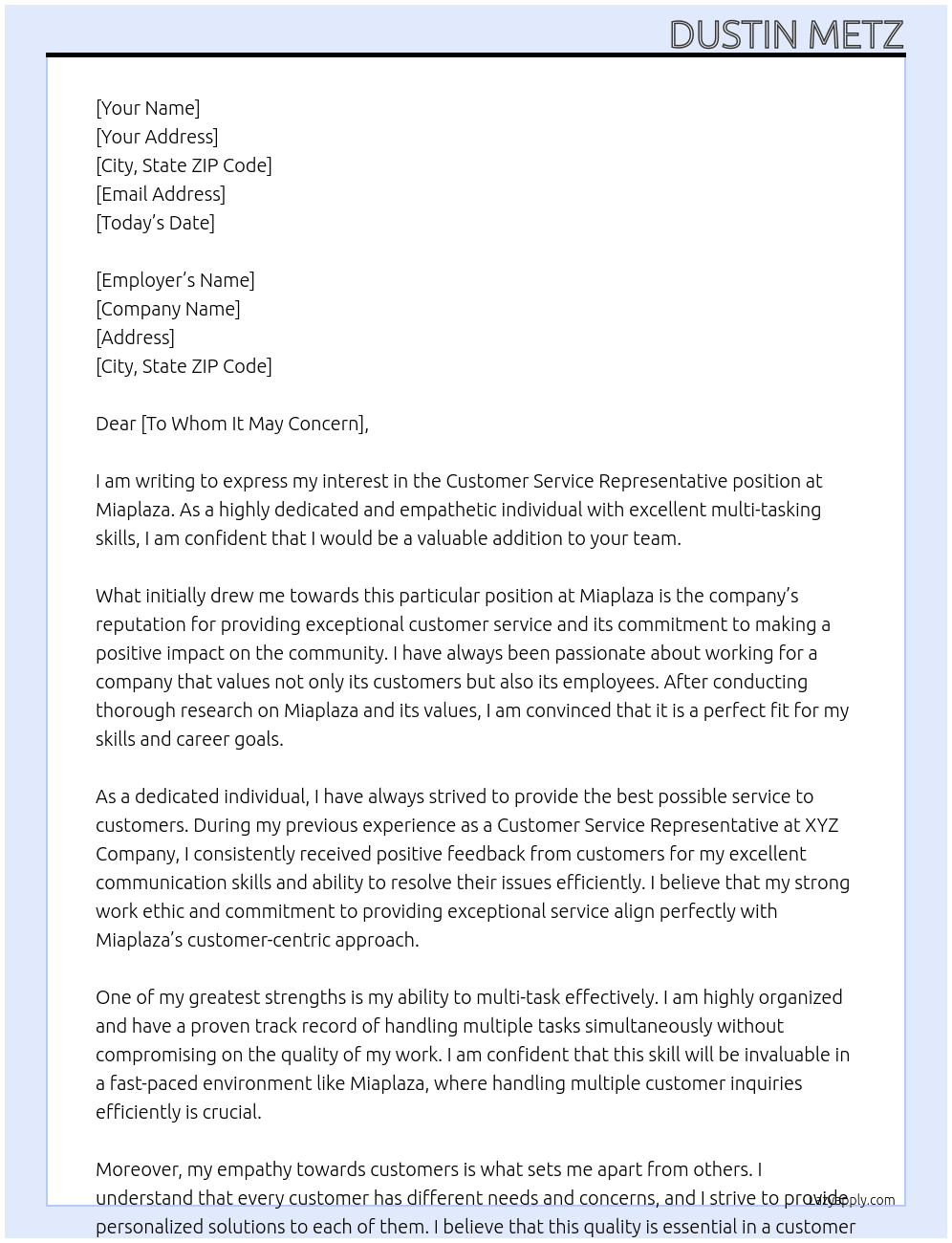 Customer Service Representative  At Miaplaza Cover Letter