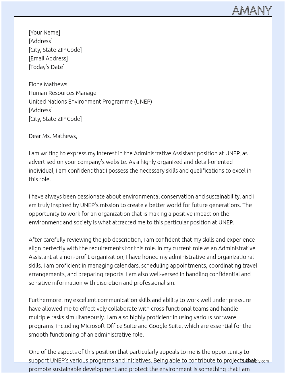 administrative assistant At UNEP Cover Letter