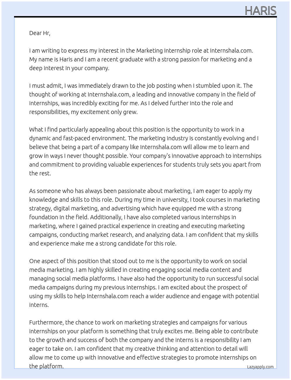 Marketing  At Internshala.com Cover Letter