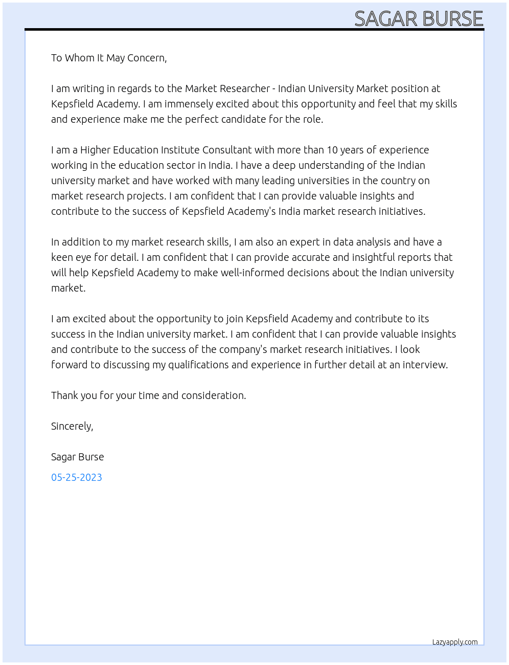 Market Researcher - Indian University Market At Kepsfield Academy Cover Letter