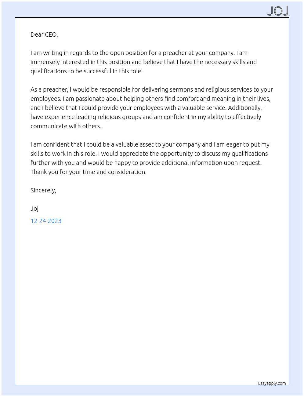 Preacher  At USA Cover Letter
