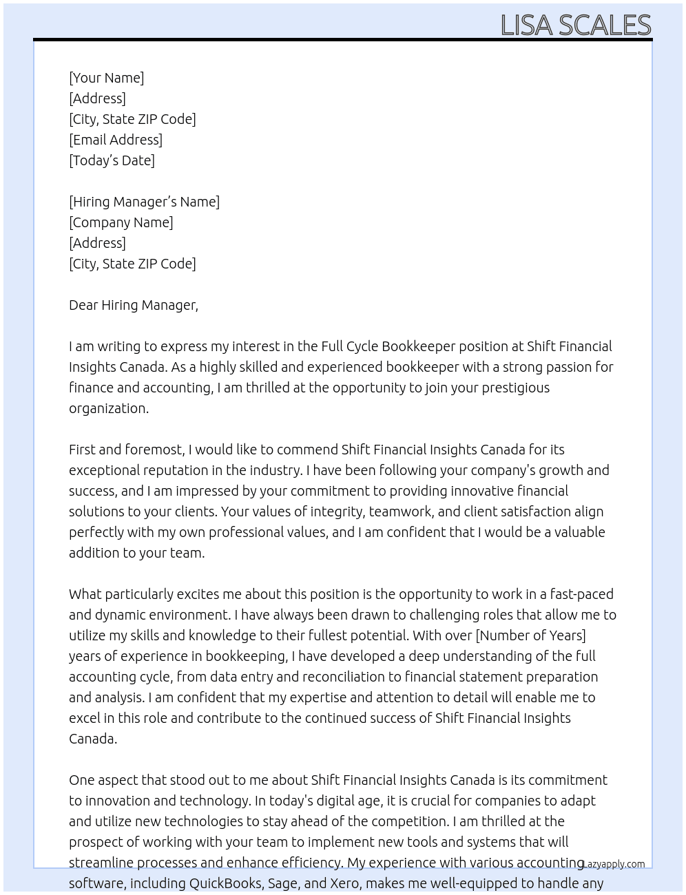 Full Cycle Bookkeeper At Shift Financial Insights Canada Cover Letter