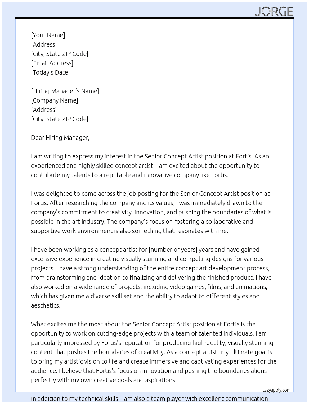 Senior concept artist At fortis Cover Letter