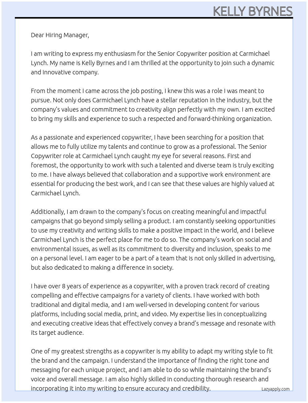 senior copywriter At carmichael lynch Cover Letter