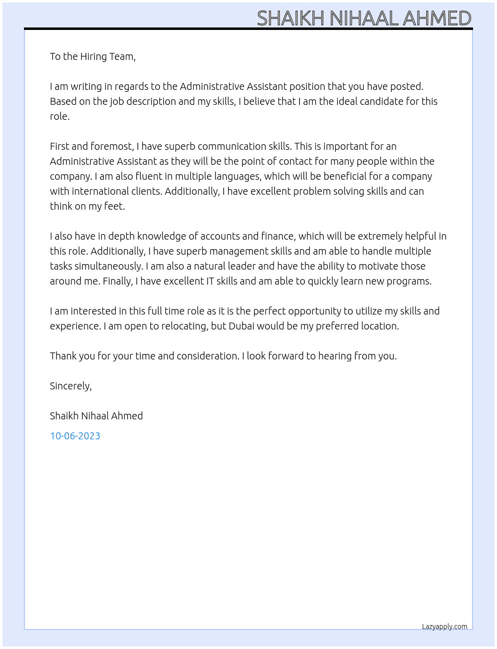 Administrative Assistant At Shaikh Nihaal Ahmed Cover Letter