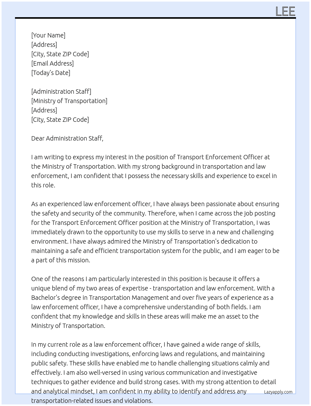 Transport Enforcement Officer  At Ministry of Transportation  Cover Letter
