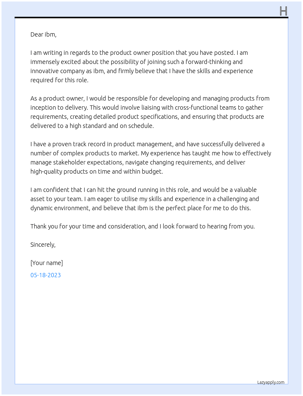 product owner At ibm Cover Letter