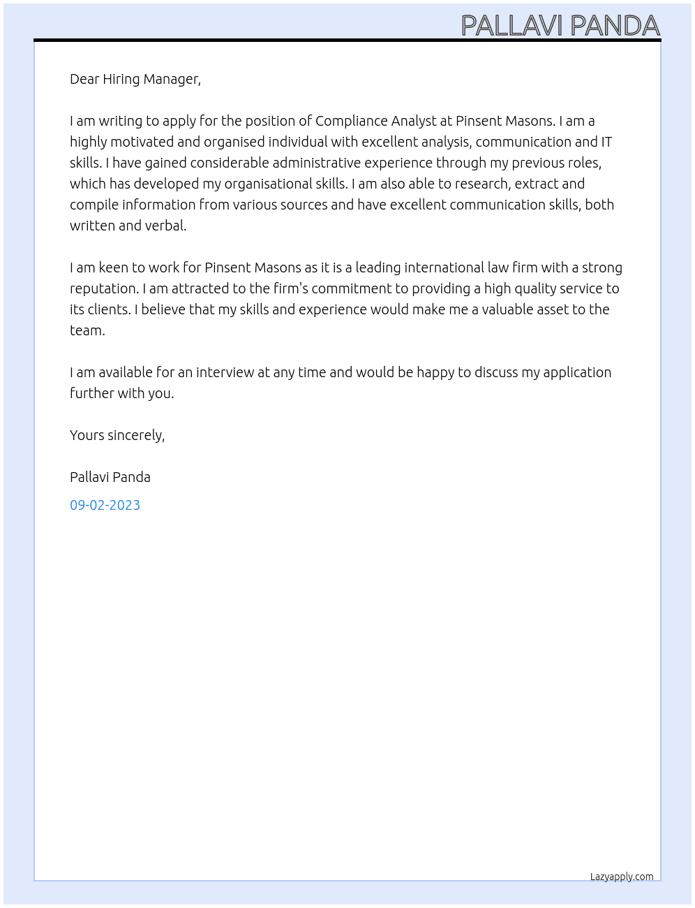 Compliance Analyst At Pinsent Masons Cover Letter