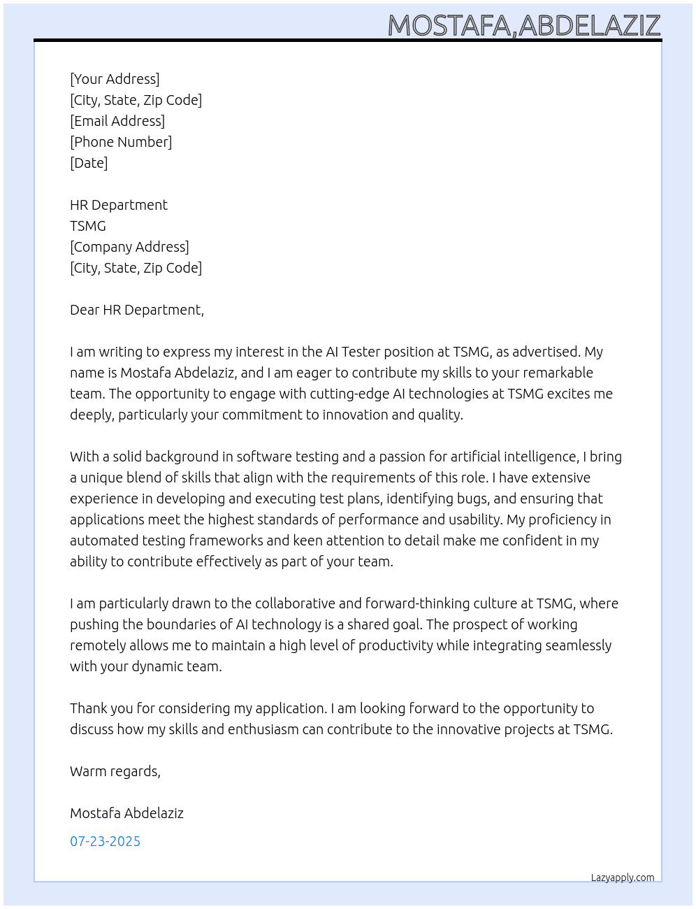 ai tester  At TSMG Cover Letter