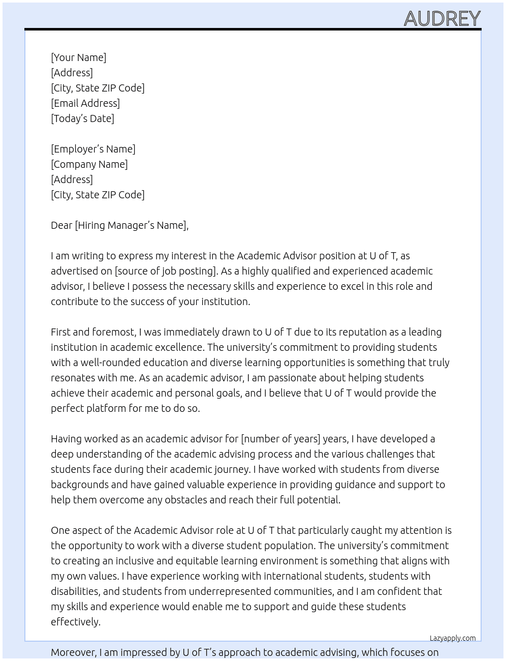 Academic Advisor  At U of T Cover Letter