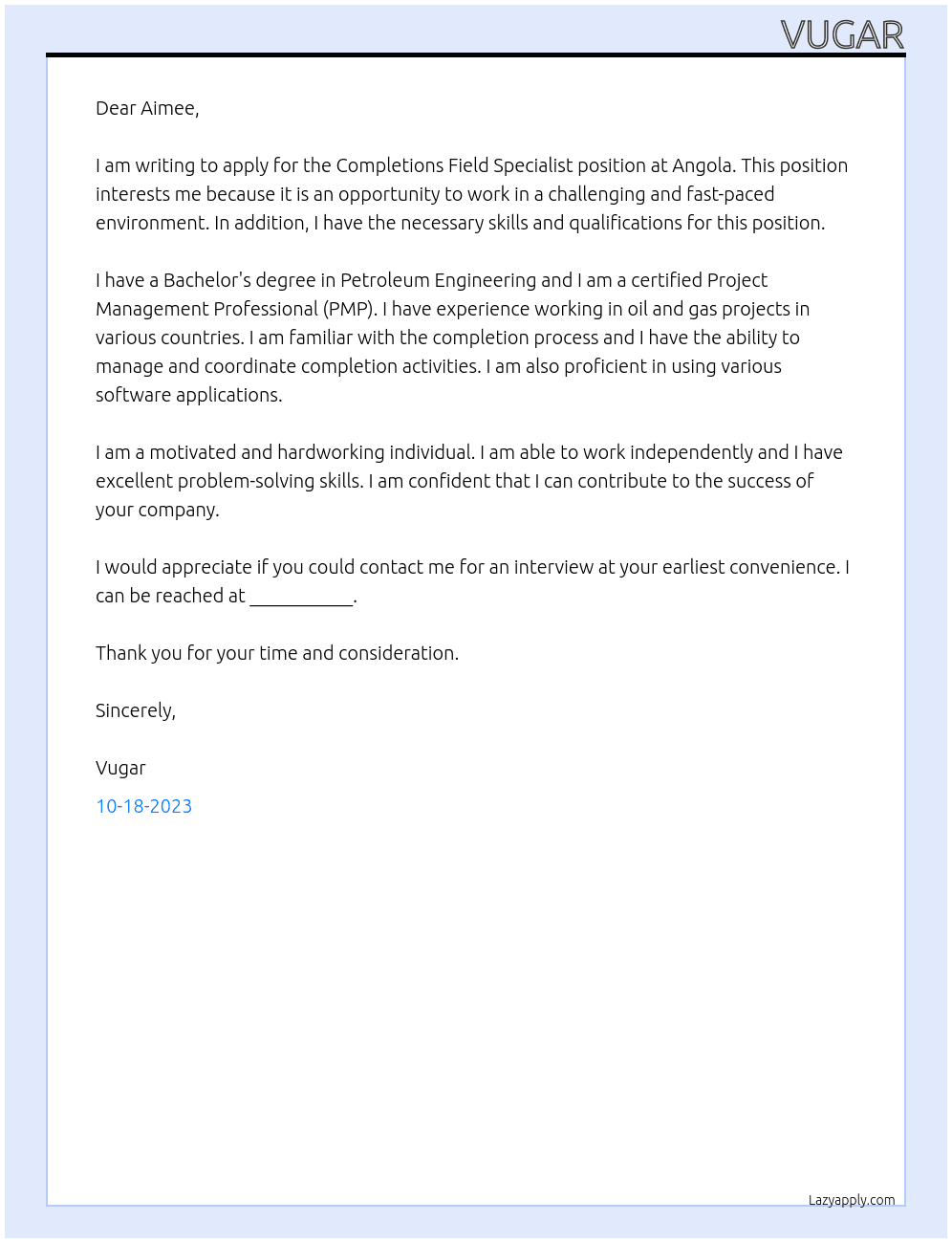 Completions Field Specialist At Angola Cover Letter