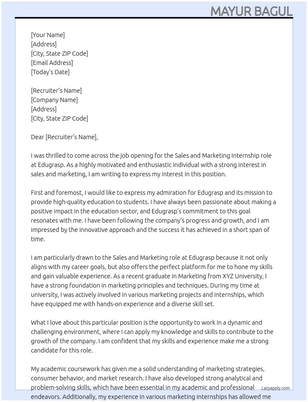 Sales and Marketing At Edugrasp Cover Letter
