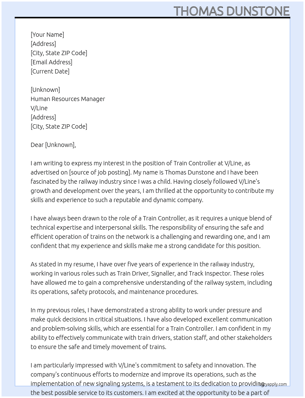 Train Controller At V/Line Cover Letter