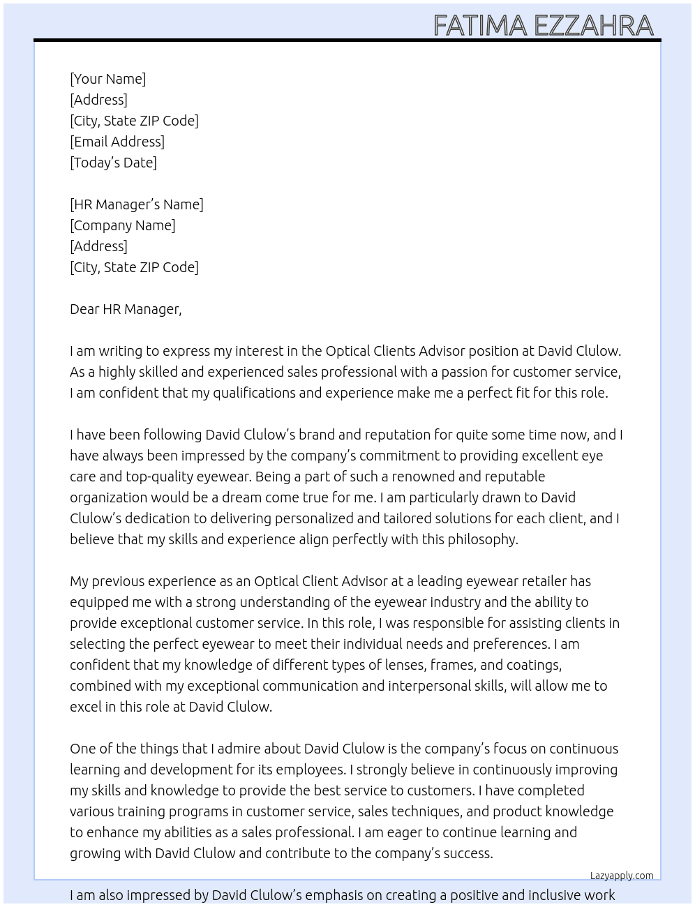 Optical clients advisor  At David clulow Cover Letter