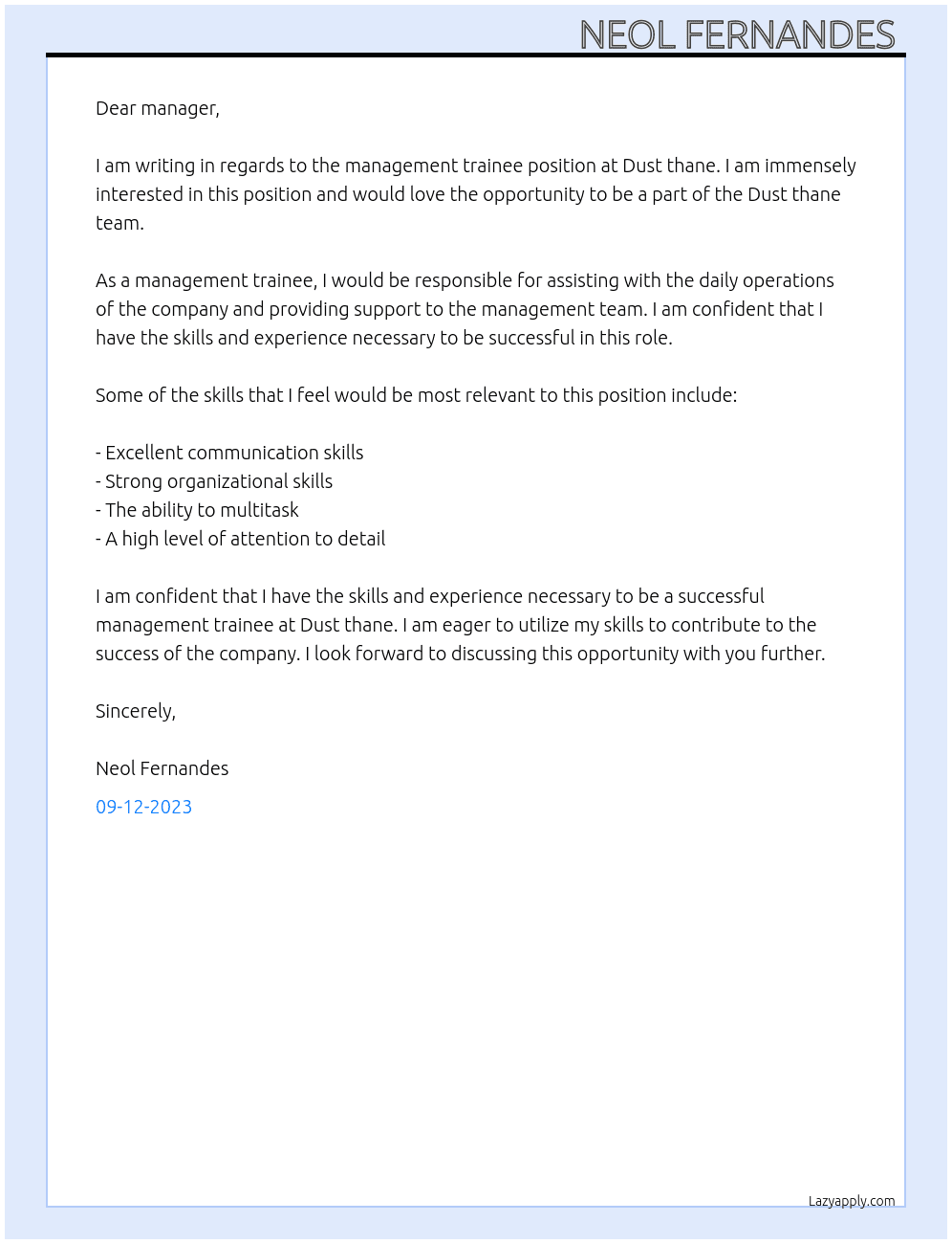 Management trainee  At Dust thane  Cover Letter
