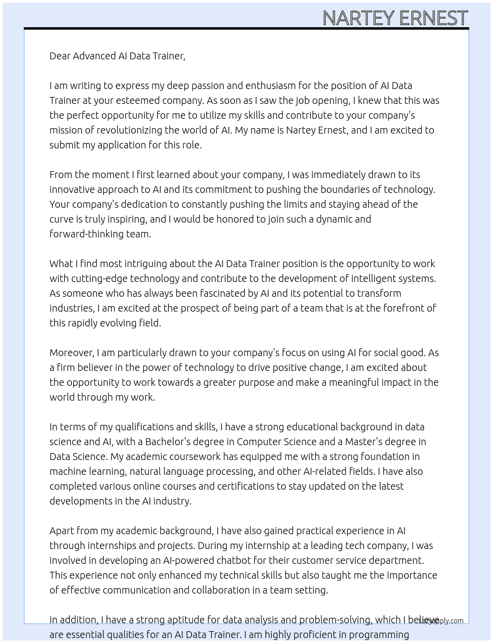 AI data trainer At advanced AI data trainer Cover Letter