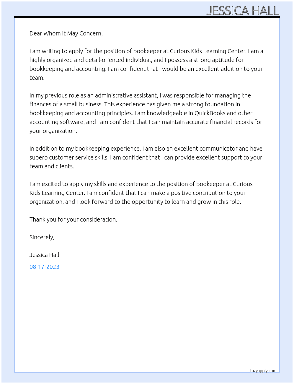Bookeeper At Curious Kids Learning Center Cover Letter