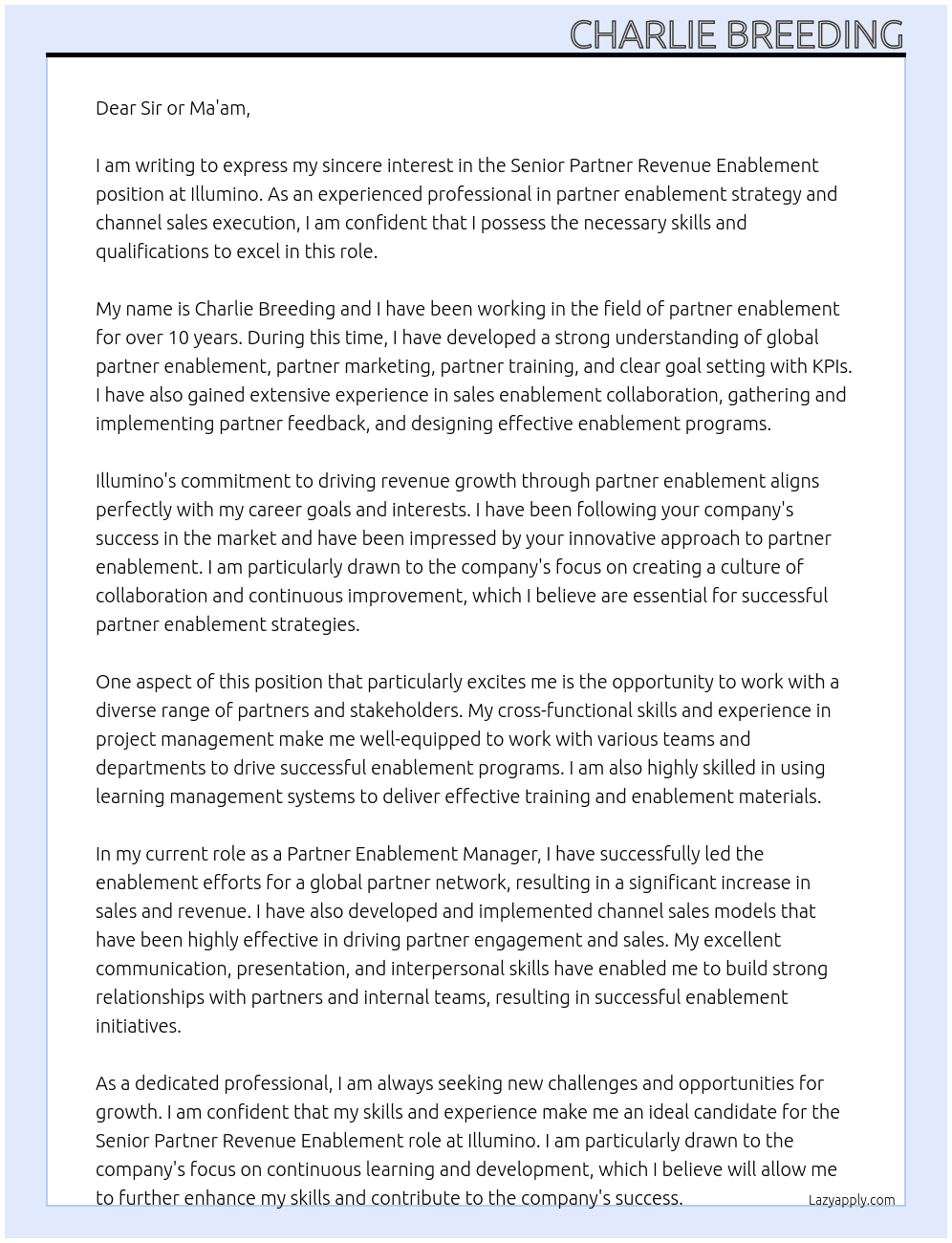 Senior Partner Revenue Enablement At Illumino Cover Letter