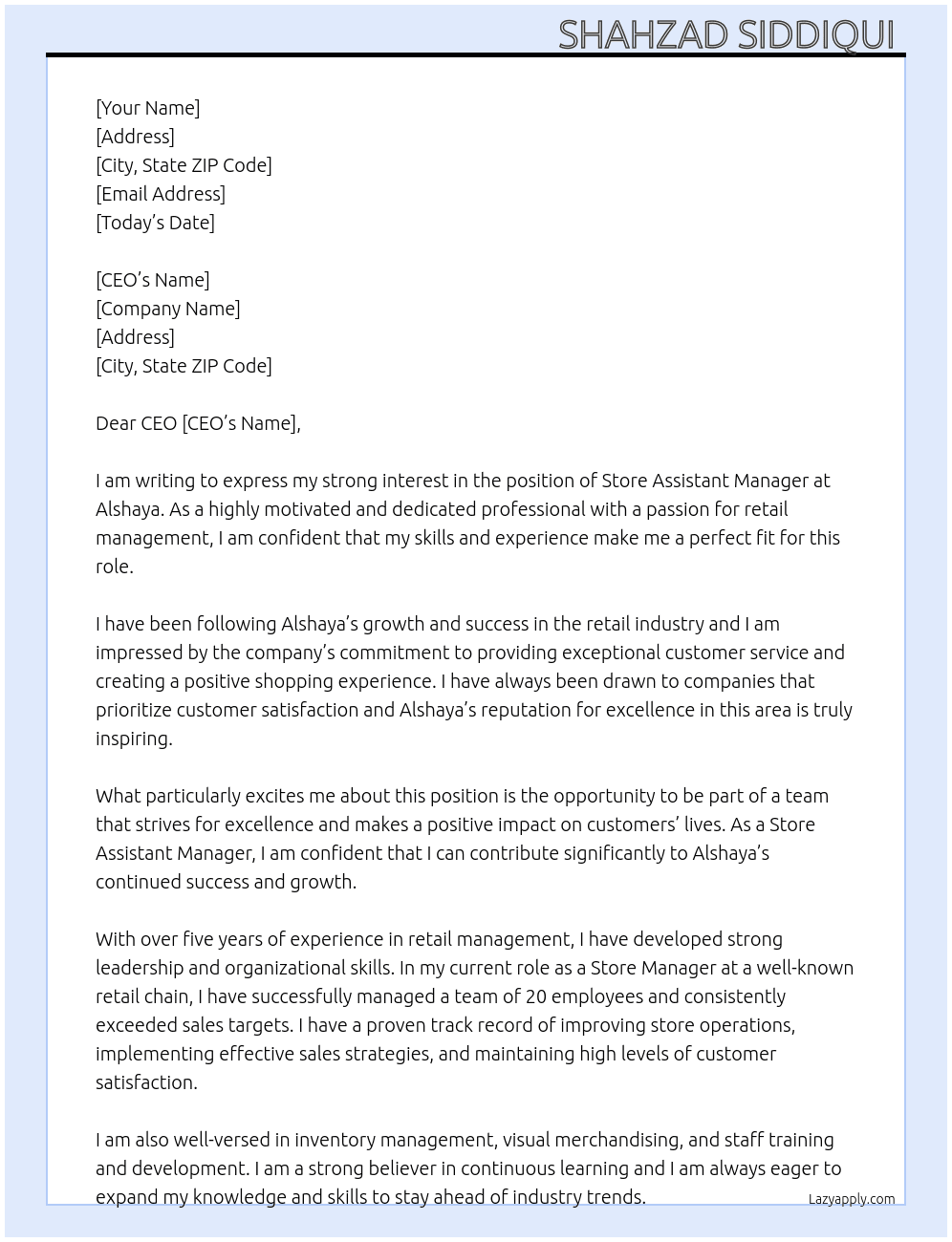 Store assistant manager At Alshaya Cover Letter