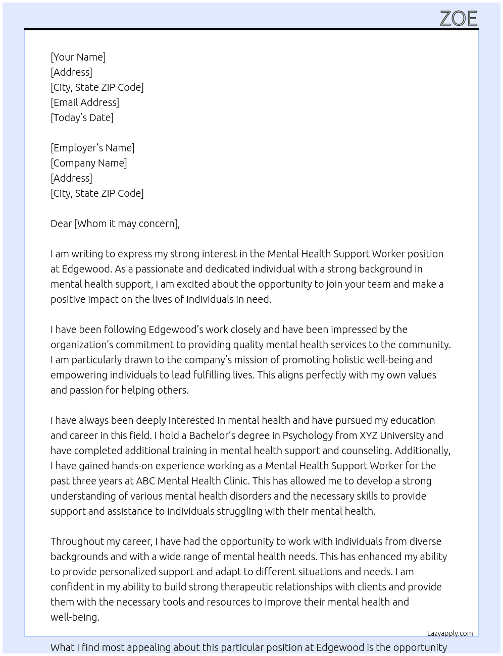 Mental Health Support Worker At Edgewood Cover Letter