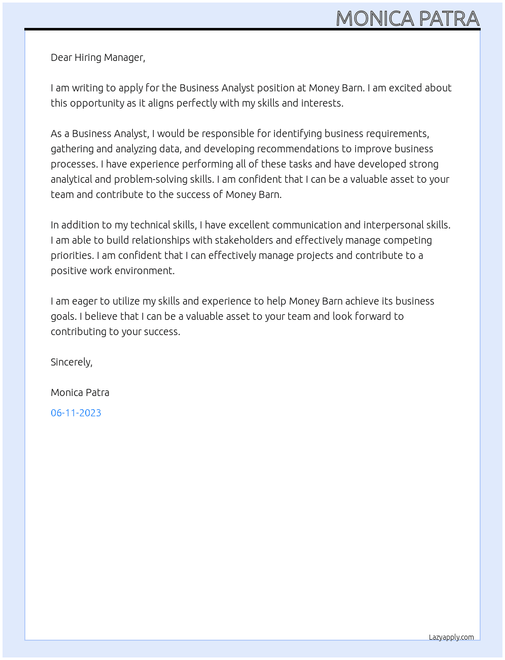 Business Analyst  At Money Barn Cover Letter